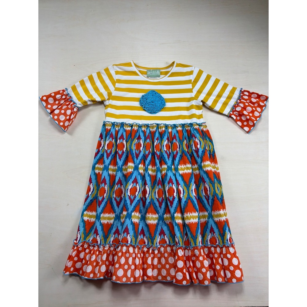 Sage & Lilly Girls Mixed Print Ruffle Dress Ikat Stripes Polka Dot Size 8